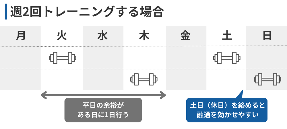 筋トレ初心者向けの週2回スケジュール例。休日1回と平日1回を組み合わせることで無理なく継続しやすい。