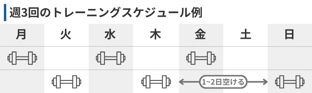 筋トレ初心者向けの週3回スケジュール例。1〜2日空けて月水金や火木日に行うことで効率的に筋肥大できる。