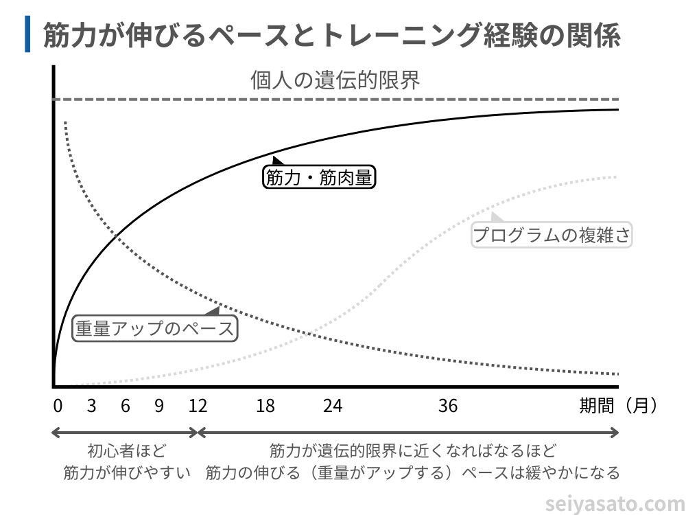筋トレにおける重量の伸び方を示した成長曲線。初心者は伸びが早く、トレーニング歴が長くなるほど重量アップのペースが緩やかになることを表している。